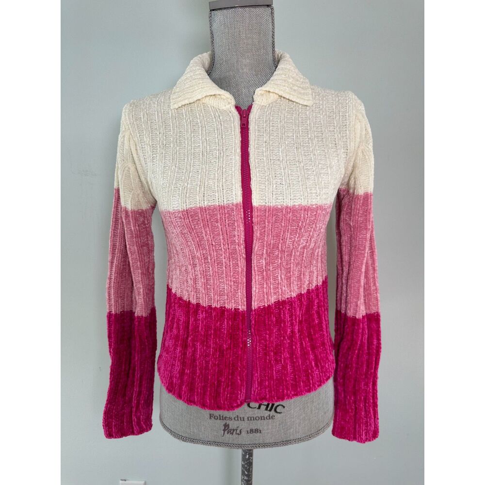 Vintage Y2K Camp Beverly Hills Pink Colorblock Chenille Zip Up Sweater  Girls XL